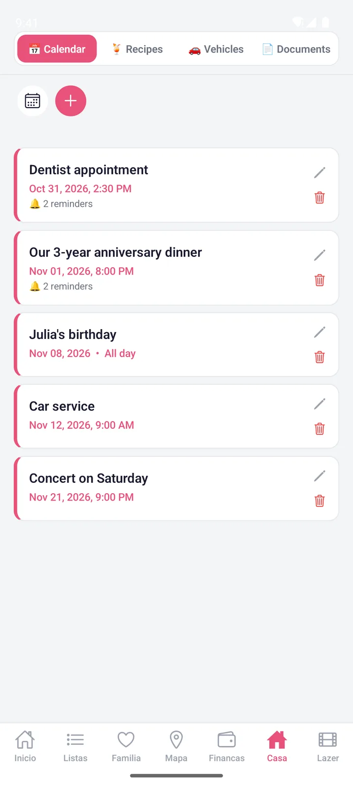 WeHome screen: Calendar