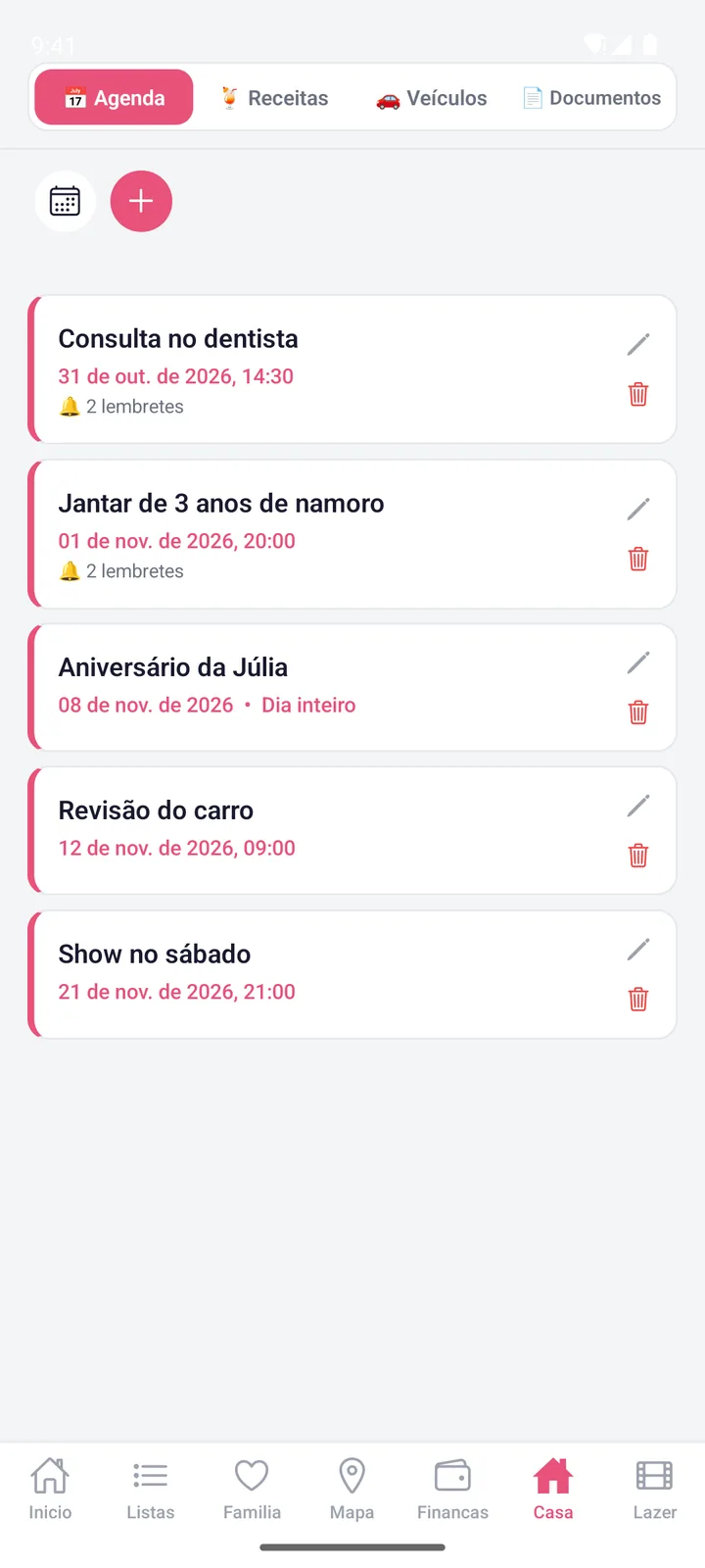 Tela do WeHome: Agenda