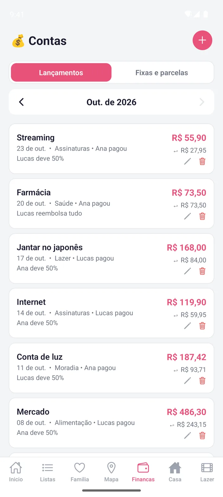 Tela do WeHome: Contas