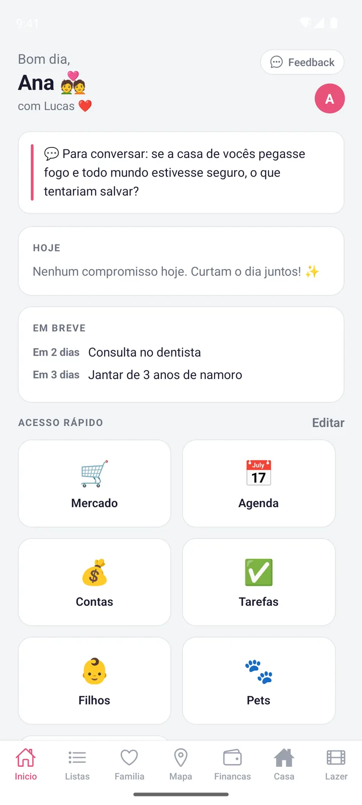 Tela do WeHome: Início