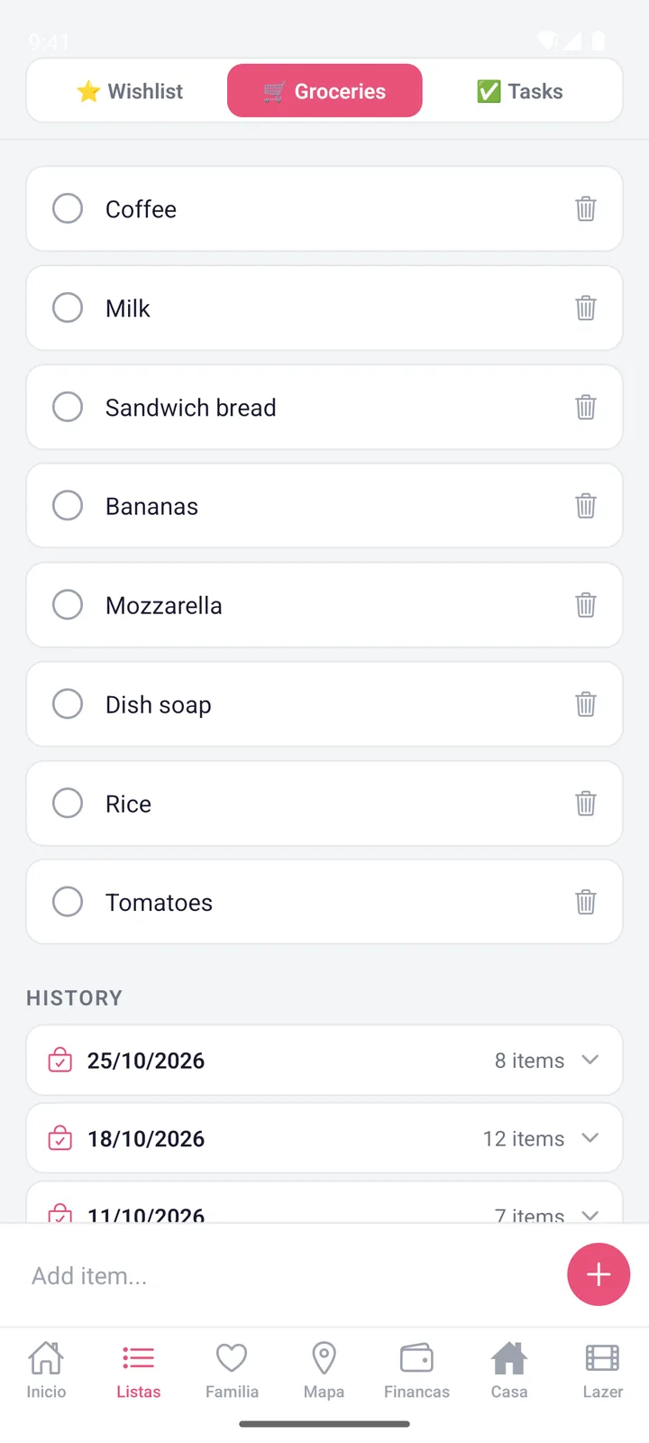 WeHome screen: Grocery list