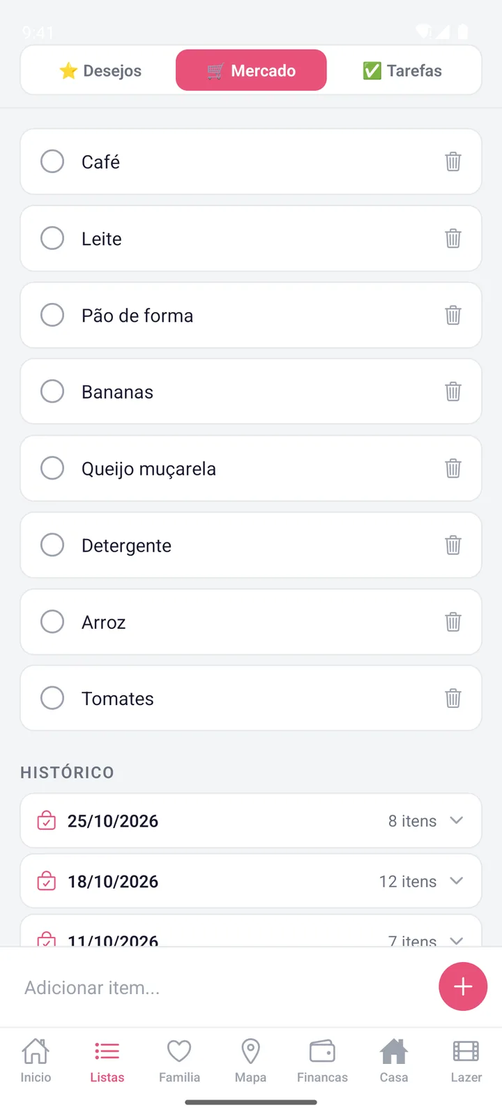 Tela do WeHome: Lista de mercado
