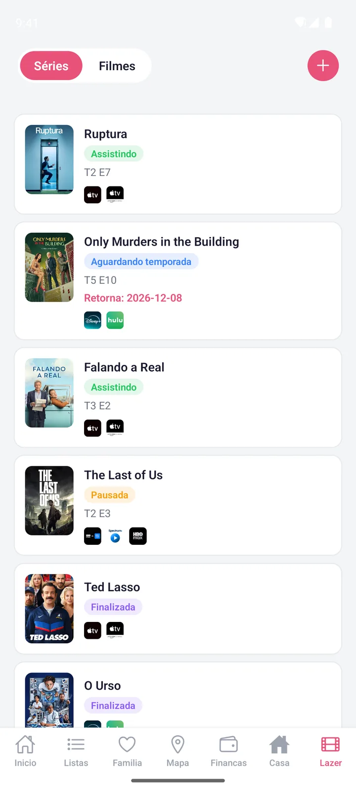 Tela do WeHome: Séries e filmes